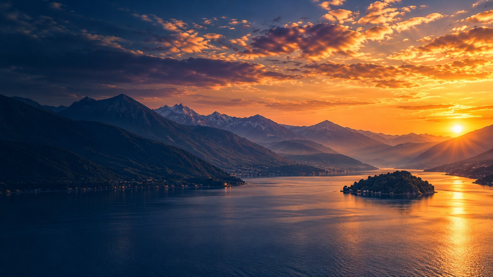 Alpine lake and mountain landscape at sunset
