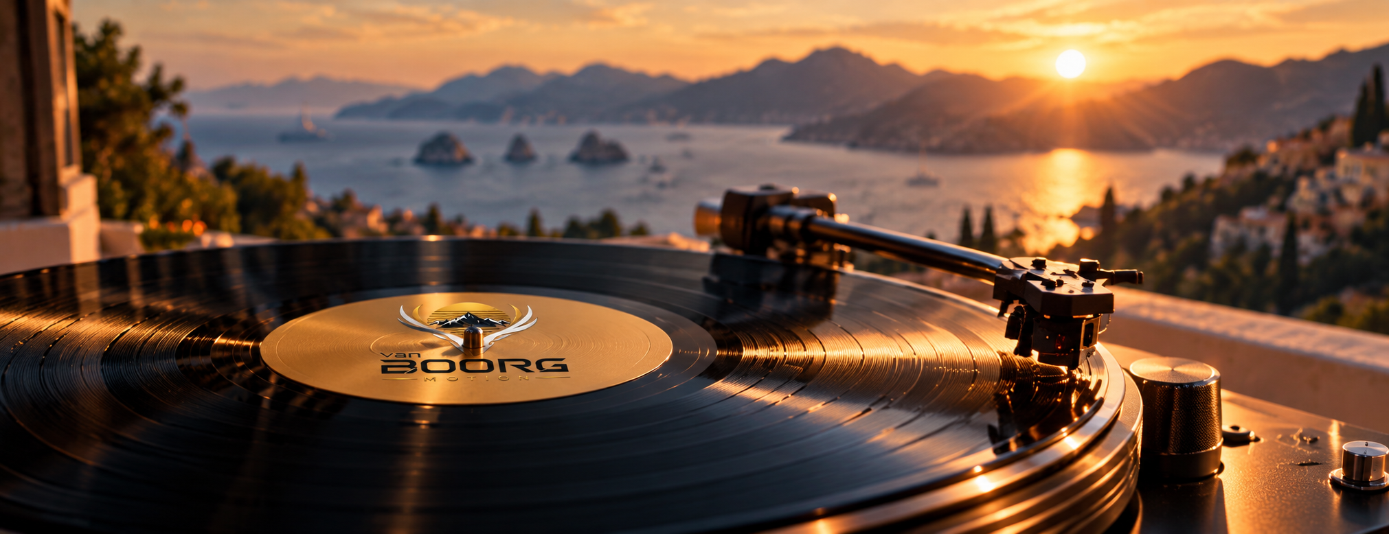 Black vinyl record and premium turntable overlooking a Mediterranean coastline at sunset